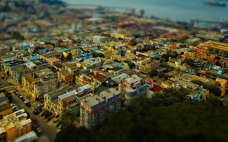 city buildings, aerial photography of buildings, city, cityscape, tilt shift, San Francisco, California, USA, HD wallpaper