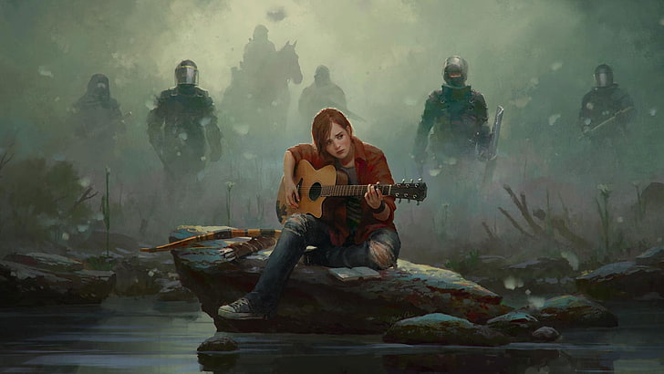 Frau spielt Gitarre im Krieg Battlefield Digital Art, The Last of US-Videospiel, The Last of Us, Videospiele, Kunstwerk, Regen, Gitarre, Bogen, Polizei, Ellie, Militär, Menschen, HD-Hintergrundbild
