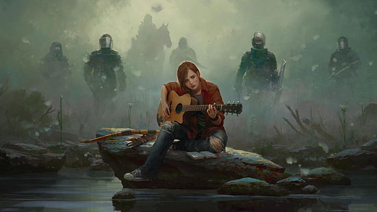 Frau spielt Gitarre im Krieg Battlefield Digital Art, The Last of US-Videospiel, The Last of Us, Videospiele, Kunstwerk, Regen, Gitarre, Bogen, Polizei, Ellie, Militär, Menschen, HD-Hintergrundbild HD wallpaper