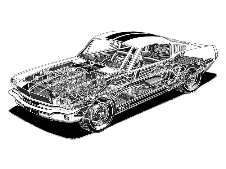 1965, classic, cutaway, engine, engines, ford, gt350, interior, muscle, mustang, shelby, HD wallpaper