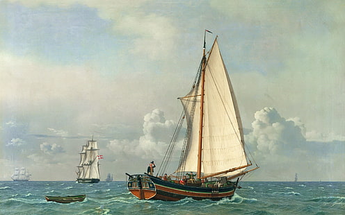 velero blanco y marrón, pintura, mar, barco, barco, arte clásico, Fondo de pantalla HD HD wallpaper