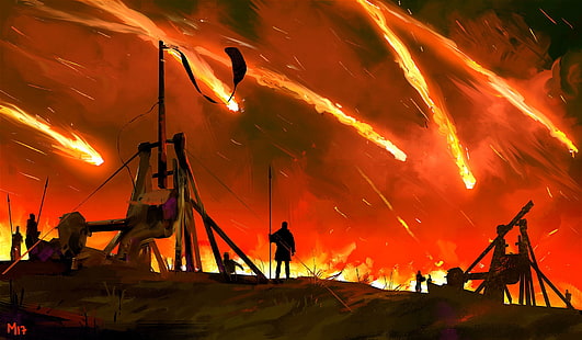 fuego, guerreros, catapulta, lanzamiento, meteorito en el cielo, Fondo de pantalla HD HD wallpaper