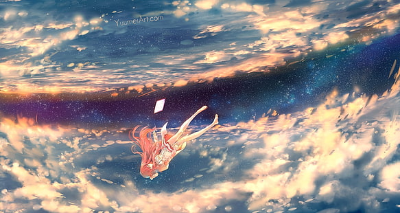 refugio, rin, cayendo, cielo, estrellas, nubes, Anime, Fondo de pantalla HD HD wallpaper