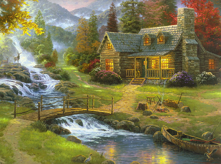 Houses next tor river and trees painting, forest, nature, fog, house, river,  HD wallpaper | Wallpaperbetter