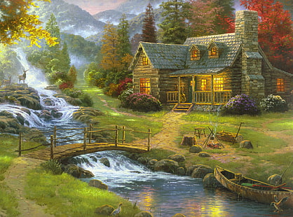 Mountain Paradise di Thomas Kinkade, pittura di casa grigia, Artistico, Disegni, Paradiso, Montagna, Thomas, Kinkade, Sfondo HD HD wallpaper