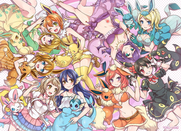 gadis anime, pokemon, gaun, flareon, glaceon, Anime, Wallpaper HD