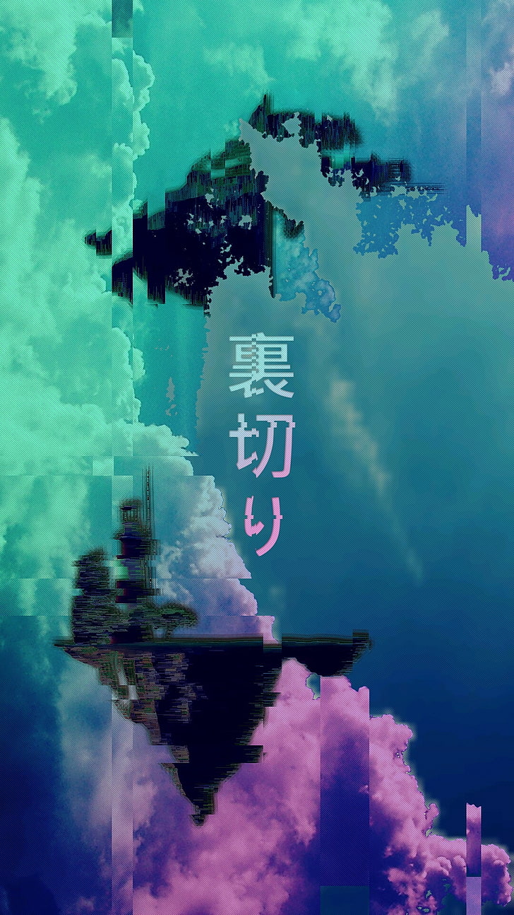 teks kanji, ilustrasi, karya seni, warna-warni, seni digital, seni glitch, vaporwave, Wallpaper HD, wallpaper seluler