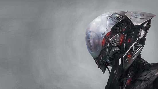 cabeza de robot negra y gris, arte digital, ilustraciones, robot androide, robot, futurista, ciencia ficción, Fondo de pantalla HD HD wallpaper