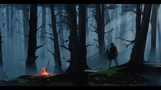 Dark Souls, rustning, eld, skog, hjälm, riddare, svärd, träd, HD tapet HD wallpaper