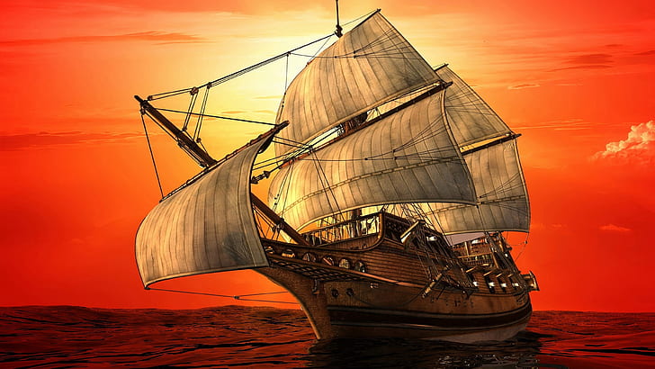سفينة مع أشرعة البحر الغروب السماء الحمراء Ultra HD 4K خلفيات الفن HD 3840 × 2160، خلفية HD
