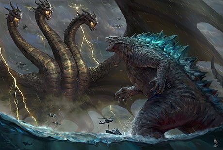 Obra de arte, criatura, Rey Ghidorah, Godzilla, Fondo de pantalla HD HD wallpaper