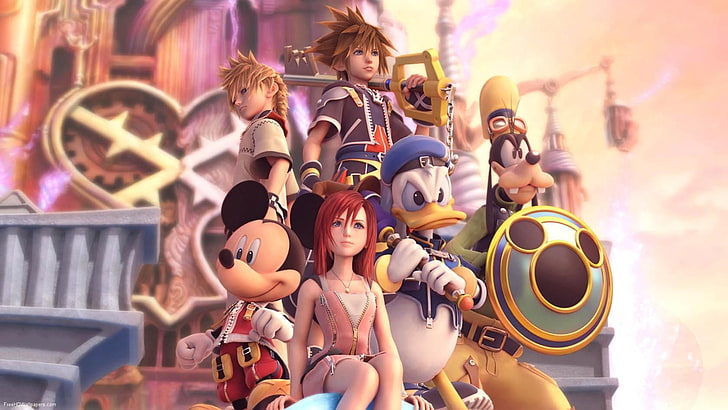 ilustração de personagens variados da Disney, Sora (Kingdom Hearts), Donald, Pateta, chaves, videogames, Kingdom Hearts, Mickey Mouse, Roxas, Kairi, Pato Donald, bastião da santidade, Keyblade, HD papel de parede
