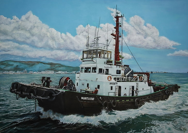 sea, the sky, painting, fishing vessel, Manta Ray, HD wallpaper