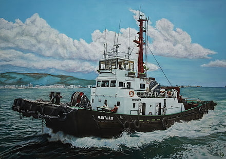 sea, the sky, painting, fishing vessel, Manta Ray, HD wallpaper HD wallpaper