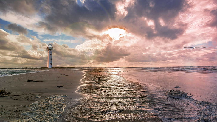 lighthouse, sea, sky, shore, cloud, horizon, ocean, water, coast, atmosphere, calm, morning, wave, beach, HD wallpaper