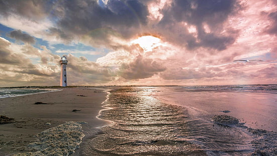 маяк, море, небо, берег, облако, горизонт, океан, вода, берег, атмосфера, спокойствие, утро, волна, пляж, HD обои HD wallpaper