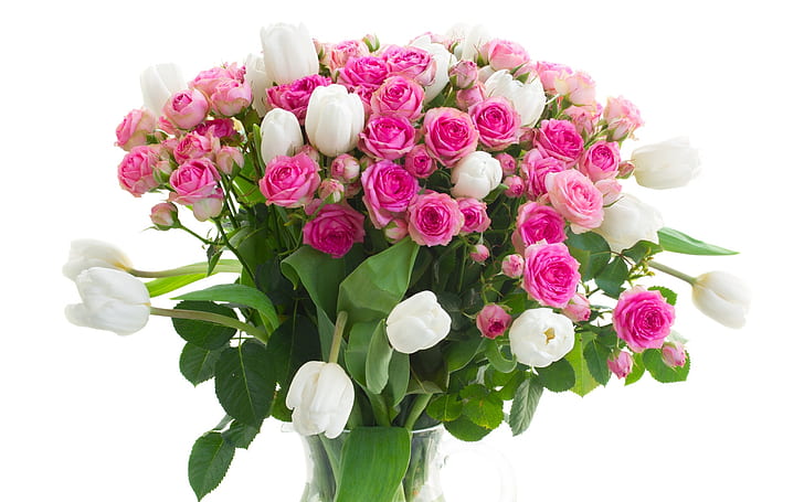 花瓶、花、ピンクのバラ、白いチューリップ、花瓶、花、ピンク、バラ、白、チューリップ、 HDデスクトップの壁紙