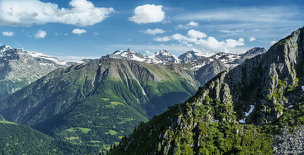 зелени планини под бели облаци, Швейцария, Швейцария, Bettmeralp, регион, Швейцария, зелени планини, бели облаци, среща на върха, Aletsch, Valais, Wallis, Швейцарски Алпи, сняг, планина, природа, европейски Алпи, планински връх, живопис, пейзаж, на открито , лято, Европа, пътуване, рок - Обект, туризъм, туризъм, HD тапет HD wallpaper
