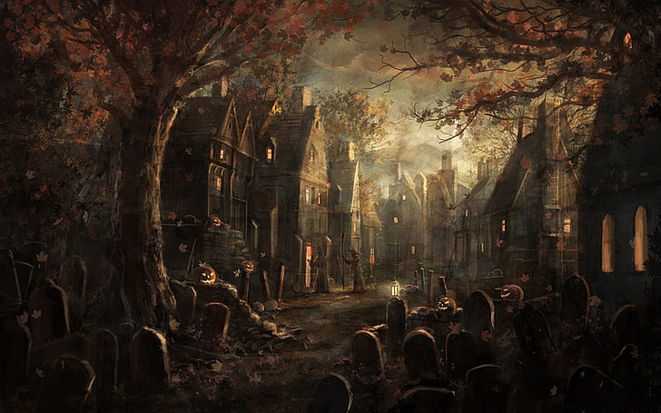 кладбище рядом с городом, графические обои, сцена игрового приложения, Хэллоуин, надгробия, тыква, осень, листья, деревня, фэнтези-арт, фэнтези-сити, HD обои