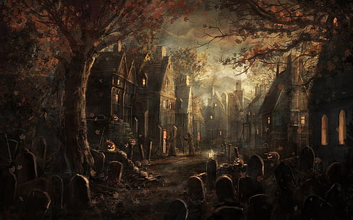 cementerio cerca de la ciudad fondo de pantalla gráfico, escena de la aplicación del juego, Halloween, lápidas, calabaza, otoño, hojas, pueblo, arte de fantasía, ciudad de fantasía, Fondo de pantalla HD HD wallpaper