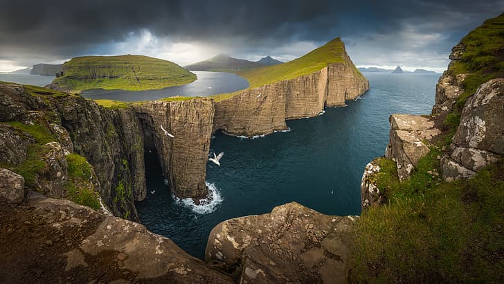 photography, nature, landscape, mountains, sea, Faroe Islands, island, cliff, HD wallpaper