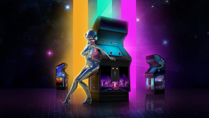 Music, Stars, The game, Robot, Neon, Background, Electronic, Synthpop, Darkwave, Synth, Retrowave, Synth-pop, Sinti, Synthwave, Synth pop, Slot machines, Neon drive, HD wallpaper