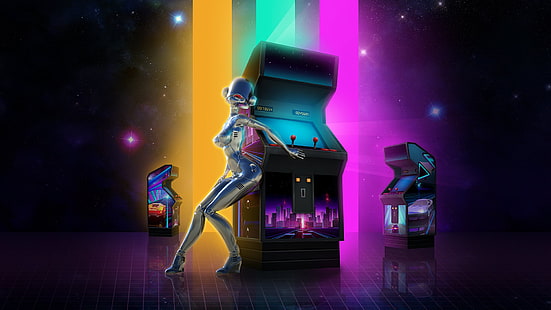 Music, Stars, The game, Robot, Neon, Background, Electronic, Synthpop, Darkwave, Synth, Retrowave, Synth-pop, Sinti, Synthwave, Synth pop, Slot machines, Neon drive, HD wallpaper HD wallpaper