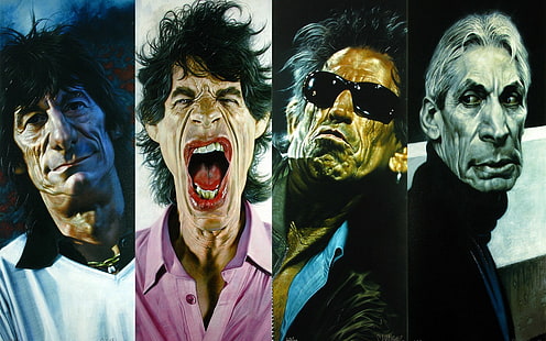 The Rolling Stones band, Rolling Stones, caricature, Mick Jagger, Keith Richards, collage, music, HD wallpaper HD wallpaper