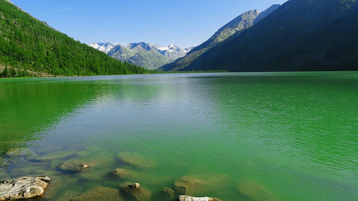 green leafed trees, nature, landscape, lake, Canada, mountains, water, HD wallpaper
