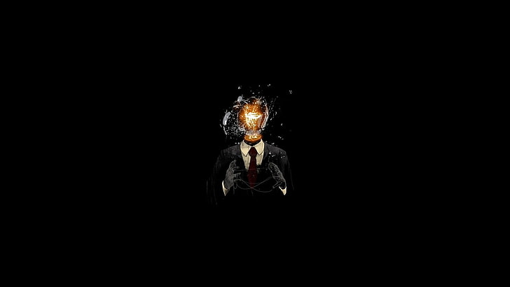 man with bulb head wallpaper, digital art, minimalism, men, face, artwork, portrait, suits, lightbulb, broken, glass, black background, HD wallpaper