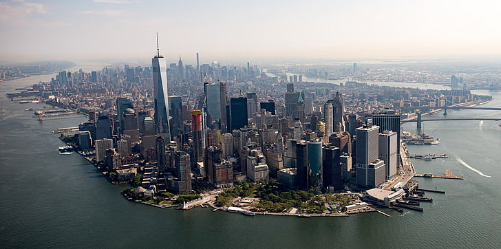 Городской пейзаж, Манхэттен, Нью-Йорк, Всемирный торговый центр, Небоскреб, США, HD обои