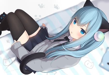аниме, аниме момичета, котешки уши, момиче котка, Амаширо Нацуки, HD тапет HD wallpaper