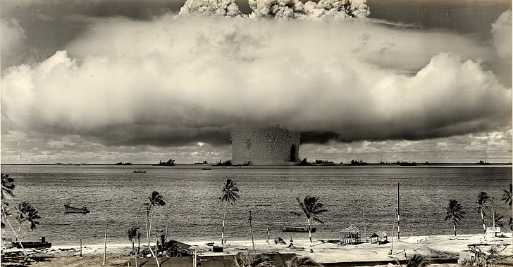 grayscale photo of explosion mushroom, nuclear, sepia, palm trees, explosion, HD wallpaper