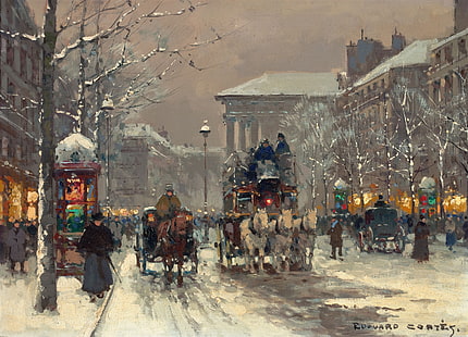 pintura de carruagem para duas pessoas, inverno, Paris, cena de inverno em Paris 1930, Edouard Cortes, HD papel de parede HD wallpaper