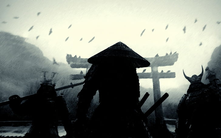 Schwarzweiss-Holztisch, Samurai, Katana, HD-Hintergrundbild