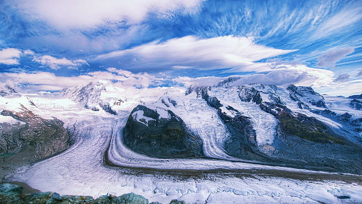 Изсичане на ледник през планина, скалисти планински алпи, ерозия, ледник, планина, облаци, природа и пейзажи, HD тапет