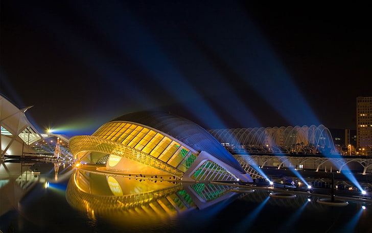 сив купол сграда забележителност, сграда, Валенсия, Испания, нощ, архитектура, HD тапет