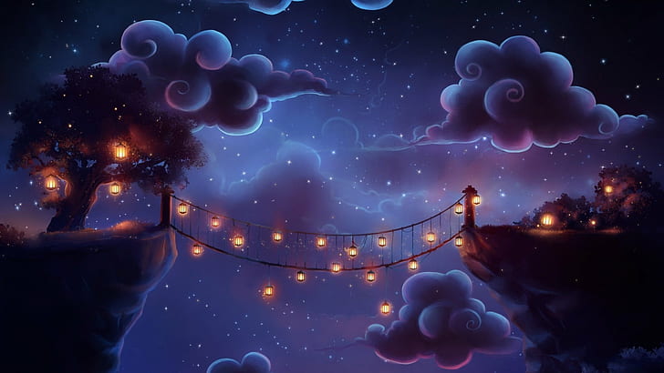 bridge, clouds, fantasy, Flashlights, Magic, night, HD wallpaper