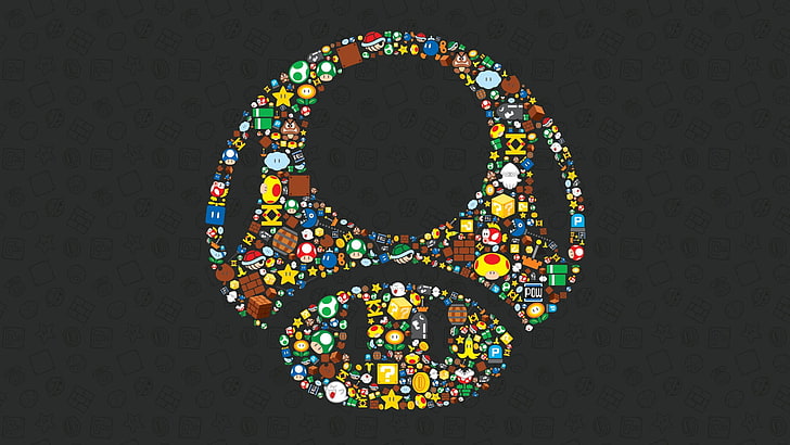 Collage de hongos de Super Mario, Toad (personaje), Mario Bros., collage, Nintendo, videojuegos, Super Mario, Club Nintendo, Chain Chomp, Goomba, Koopa, Fondo de pantalla HD