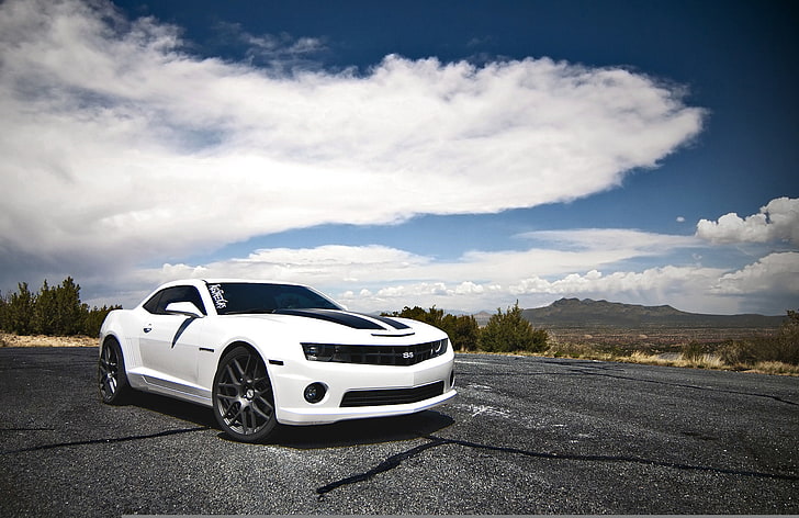 white coupe, white, clouds, mountains, Chevrolet, camaro ss, Camaro, HD wallpaper