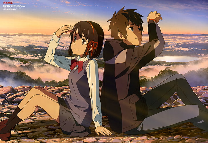 two female and male anime characters, Anime, Your Name., Kimi No Na Wa., Mitsuha Miyamizu, Taki Tachibana, HD wallpaper