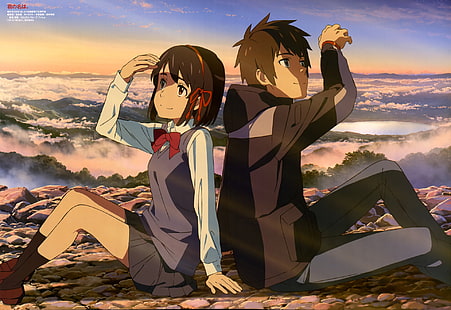 two female and male anime characters, Anime, Your Name., Kimi No Na Wa., Mitsuha Miyamizu, Taki Tachibana, HD wallpaper HD wallpaper