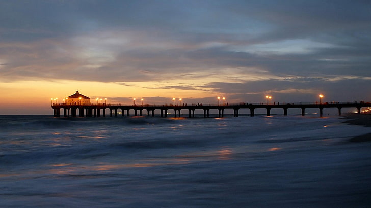 landscape, sunset, sea, coast, pier, street light, dusk, HD wallpaper