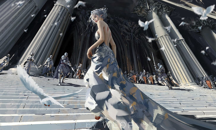 girl, fantasy, armor, long hair, dress, blue eyes, birds, elf, digital art, knights, artwork, architecture, princess, swords, fantasy art, stairs, white hair, temple, doves, columns, bare shoulders, pointed ears, bare back, looking at viewer, pointy ears, Wlop, HD wallpaper