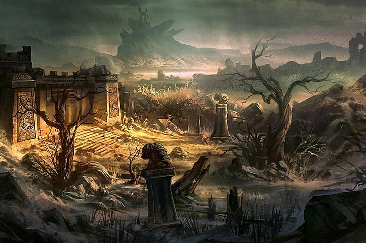 ilustracja brązowe ruiny, fantasy, krajobraz, zamek, miasto, ruiny, Tapety HD