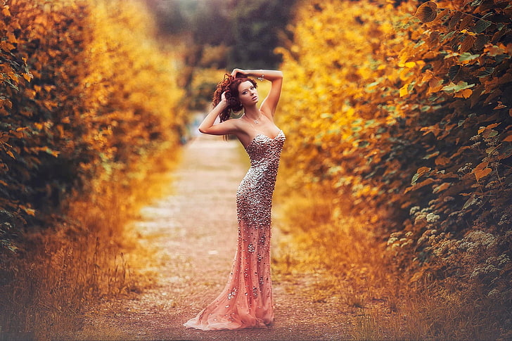 Karen Abramyan, women, model, path, redhead, dress, HD wallpaper