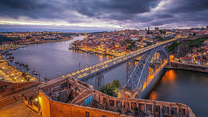 Porto, Portekiz, Avrupa, nehir, Cityscape, Şehir, köprü, Nehir douro, Dom luís i köprüsü, Douro nehri, Dom luis i köprüsü, Douro, Hava fotoğrafı, HD masaüstü duvar kağıdı
