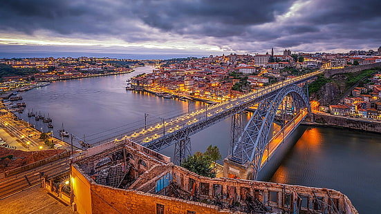 Порто, Португалия, Европа, река, градски пейзаж, град, мост, река Дуро, дом Луис и мост, река Дуро, дом Луис и мост, Дуро, въздушна фотография, HD тапет HD wallpaper