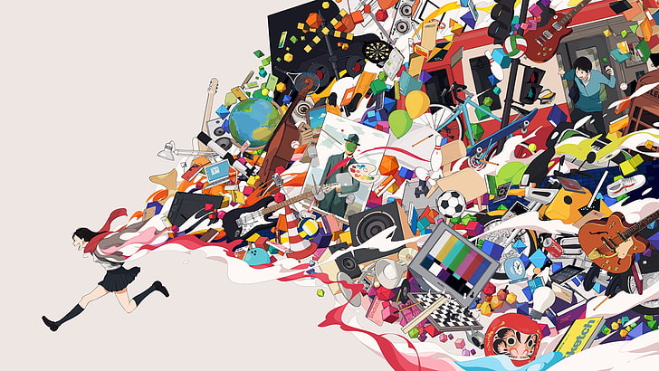 ilustrasi gadis berlari dengan jejak seni, karakter digital wallpaper anime, anime, karakter asli, warna-warni, gadis anime, karya seni, latar belakang sederhana, Wallpaper HD