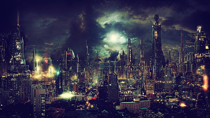 city buildings, high-rise building artwork, fantasy art, night, fan art, artwork, cityscape, cyberpunk, futuristic city, HD wallpaper